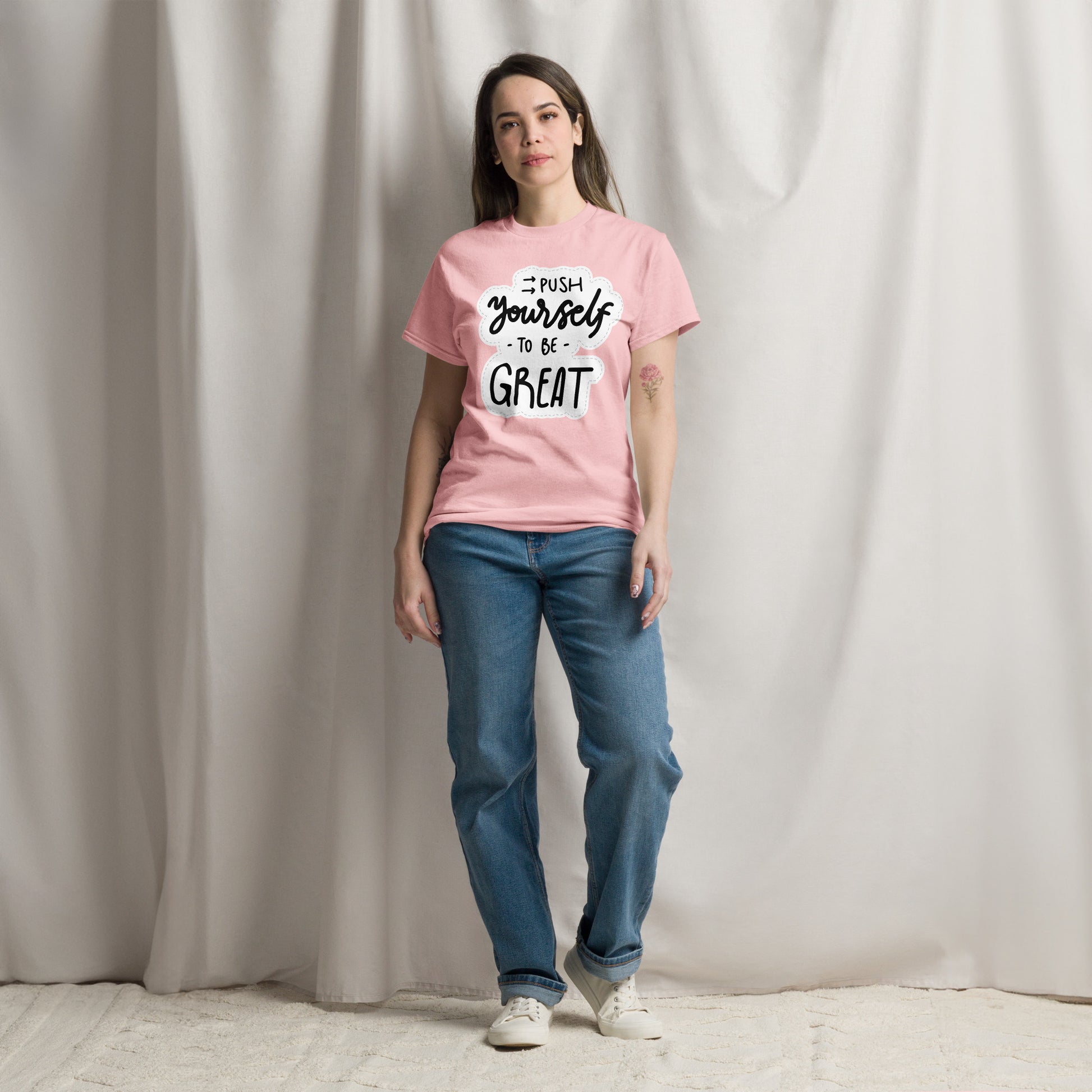 Unisex motivational t-shirt with 'Push Yourself to Be Great' quote – Hipyfi streetwear tee. light-pink-front-3