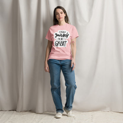 Unisex motivational t-shirt with 'Push Yourself to Be Great' quote – Hipyfi streetwear tee. light-pink-front-3