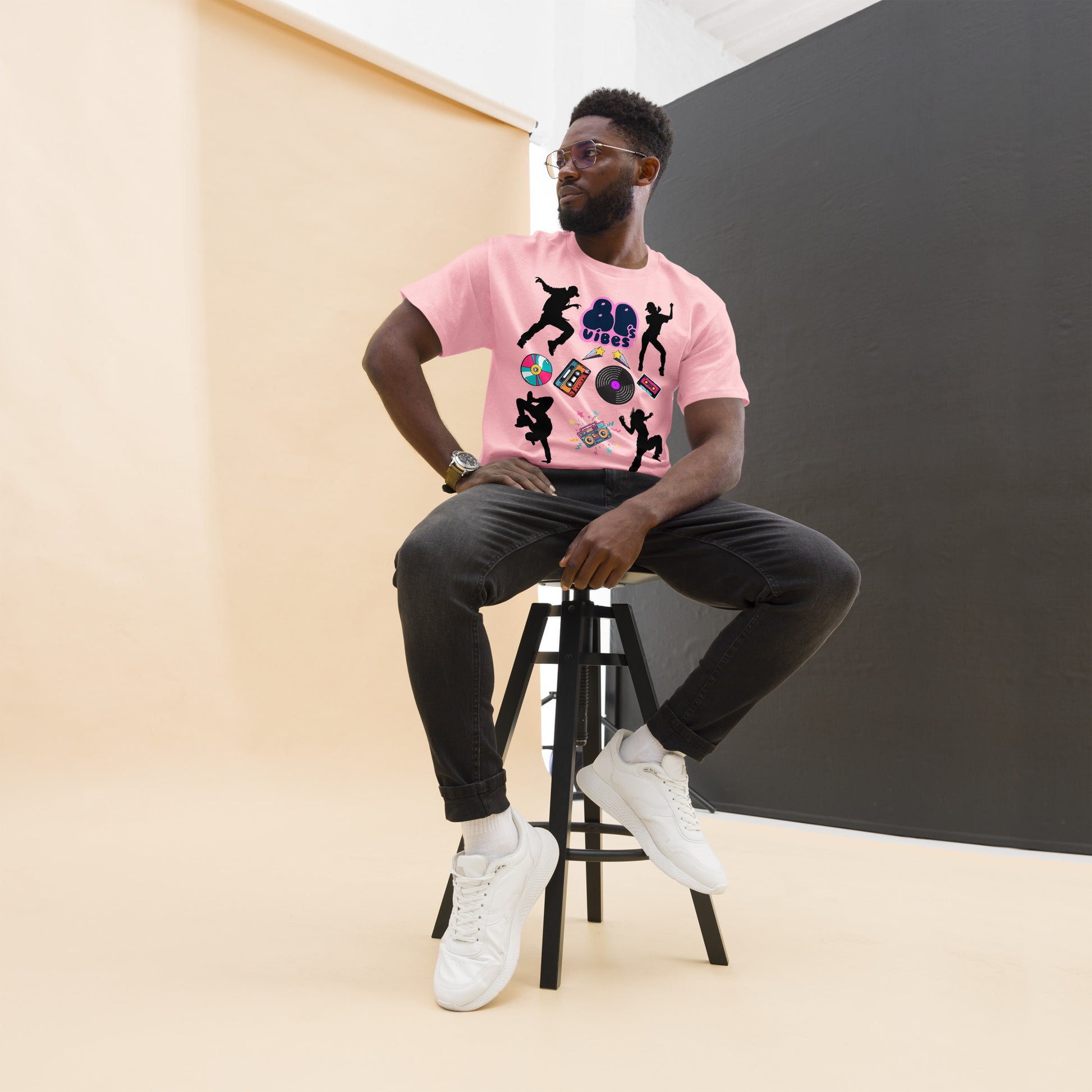 Unisex 80s Vibes graphic t-shirt with retro pop culture design by Hipyfi Clothes & Design light-pink-front