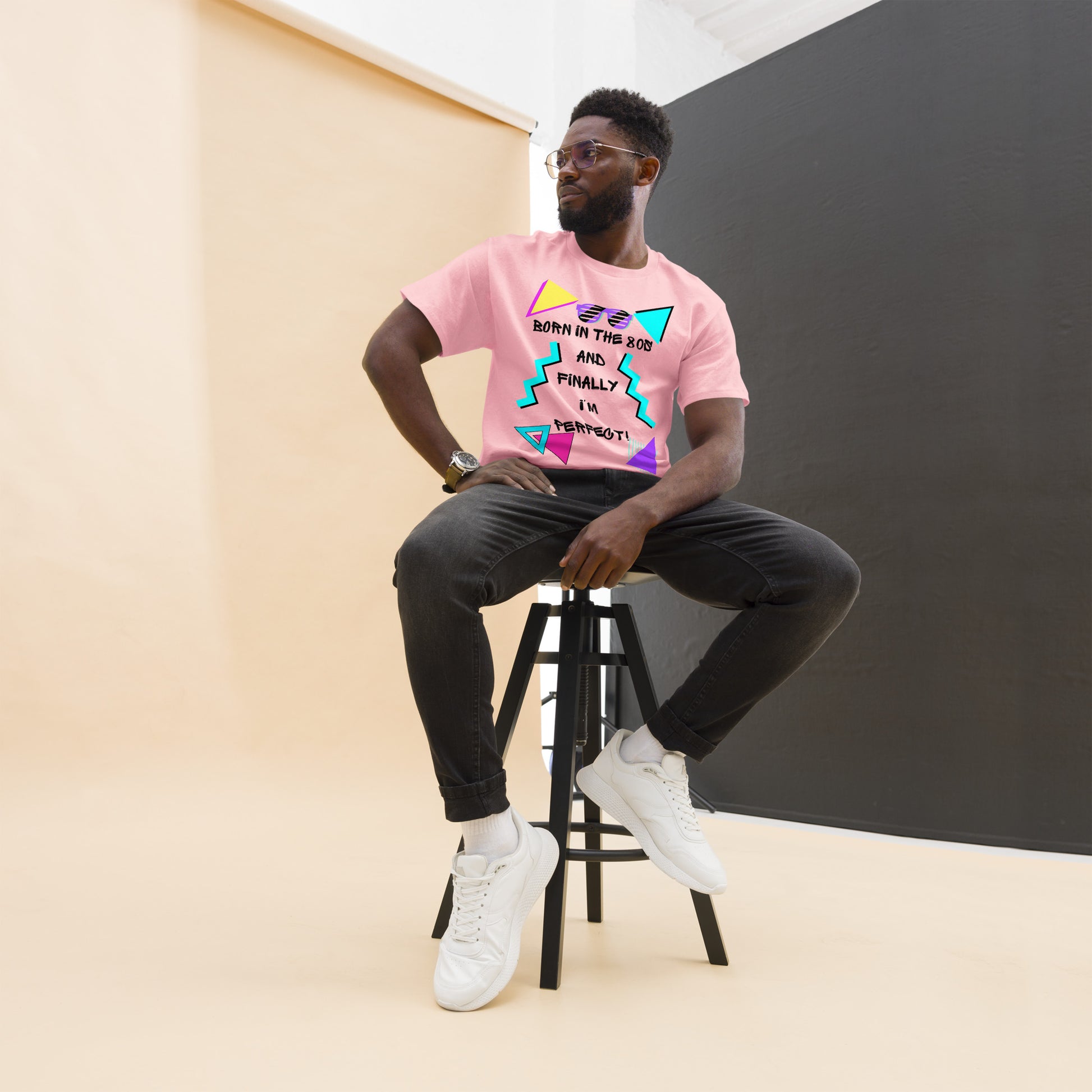Born in the 80s retro graphic tee with neon 80s design – unisex vintage t-shirt by Hipyfi Clothes & Design. light-pink-front