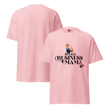 Unisex Small Business Mama Graphic T-Shirt featuring retro Rosie the Riveter design – Empowering shirt for women entrepreneurs by Hipyfi Clothes & Design. light-pink-front-and-back