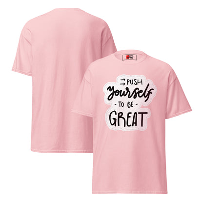 Unisex motivational t-shirt with 'Push Yourself to Be Great' quote – Hipyfi streetwear tee. light-pink-front-and-back
