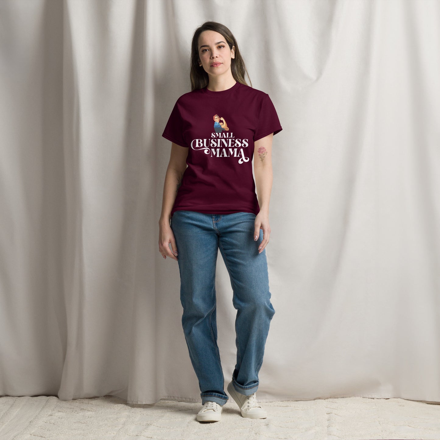 Unisex Small Business Mama Graphic T-Shirt featuring retro Rosie the Riveter design – Empowering shirt for women entrepreneurs by Hipyfi Clothes & Design. maroon-front