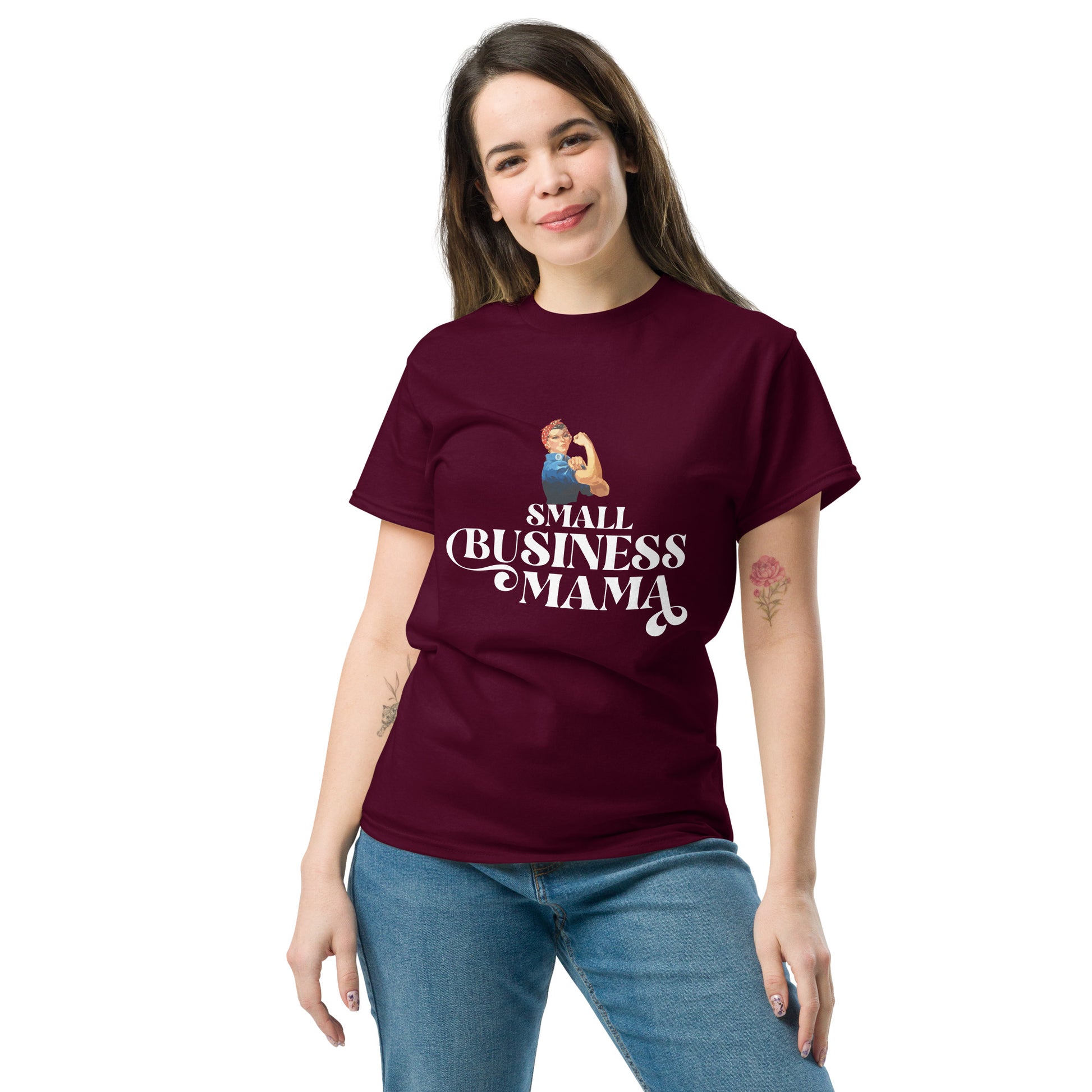 Unisex Small Business Mama Graphic T-Shirt featuring retro Rosie the Riveter design – Empowering shirt for women entrepreneurs by Hipyfi Clothes & Design. maroon-front-2
