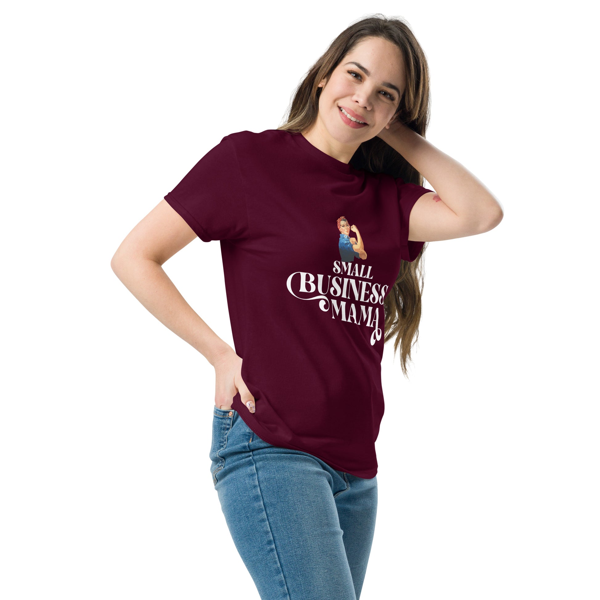 Unisex Small Business Mama Graphic T-Shirt featuring retro Rosie the Riveter design – Empowering shirt for women entrepreneurs by Hipyfi Clothes & Design. maroon-left-front