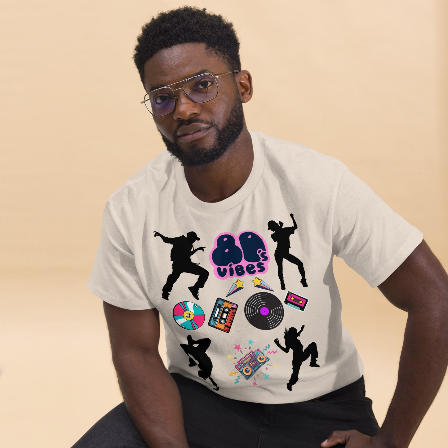 Unisex 80s Vibes graphic t-shirt with retro pop culture design by Hipyfi Clothes & Design natural-front-2