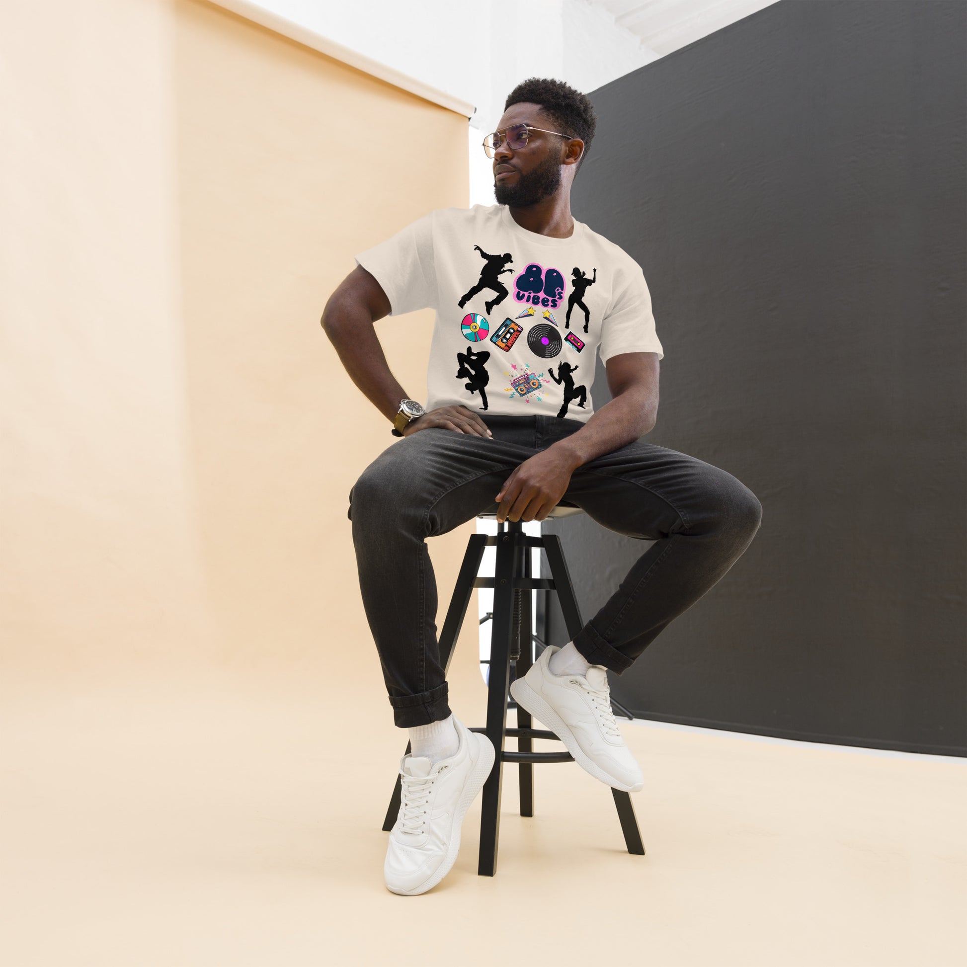 Unisex 80s Vibes graphic t-shirt with retro pop culture design by Hipyfi Clothes & Design natural-front