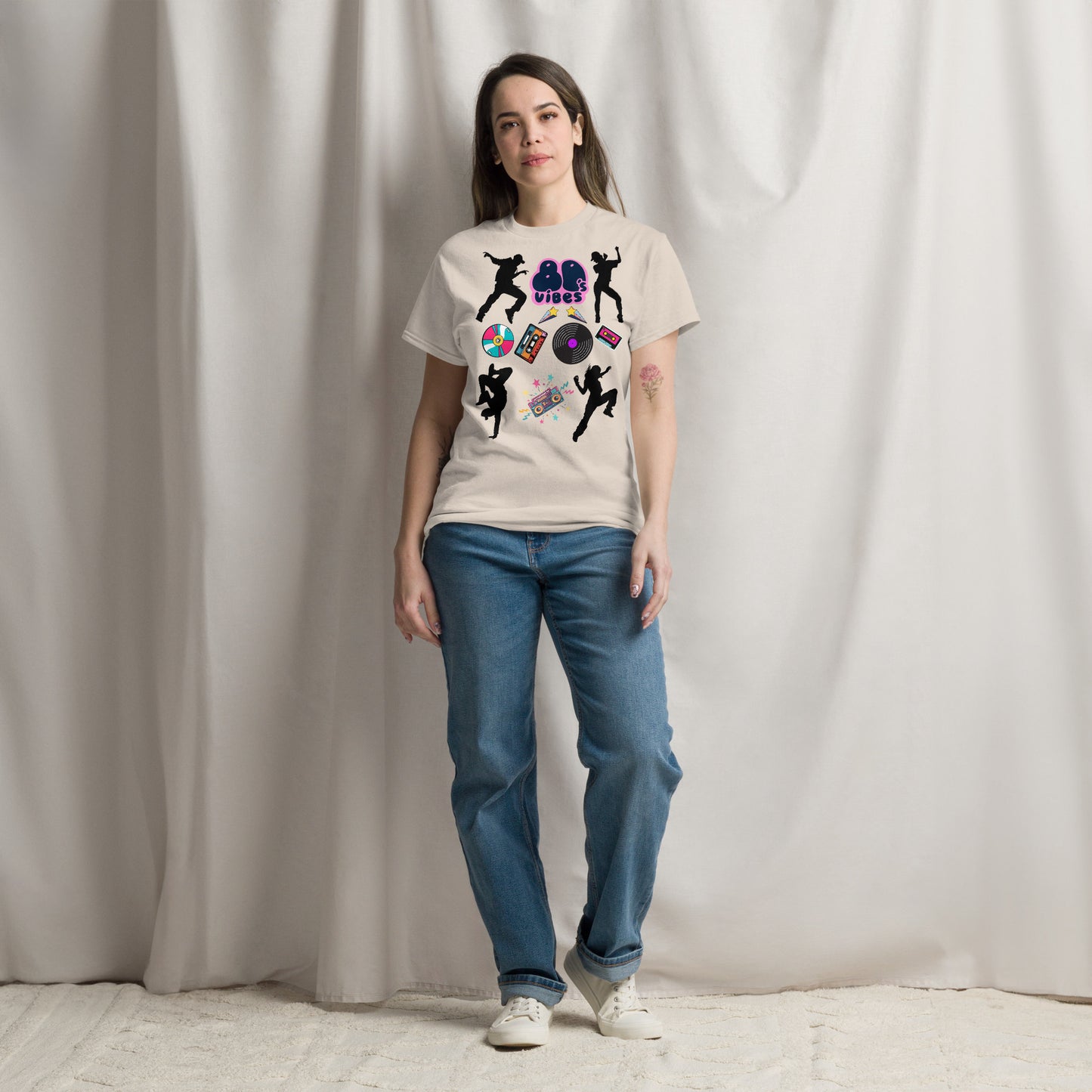 Unisex 80s Vibes graphic t-shirt with retro pop culture design by Hipyfi Clothes & Design natural-front-3