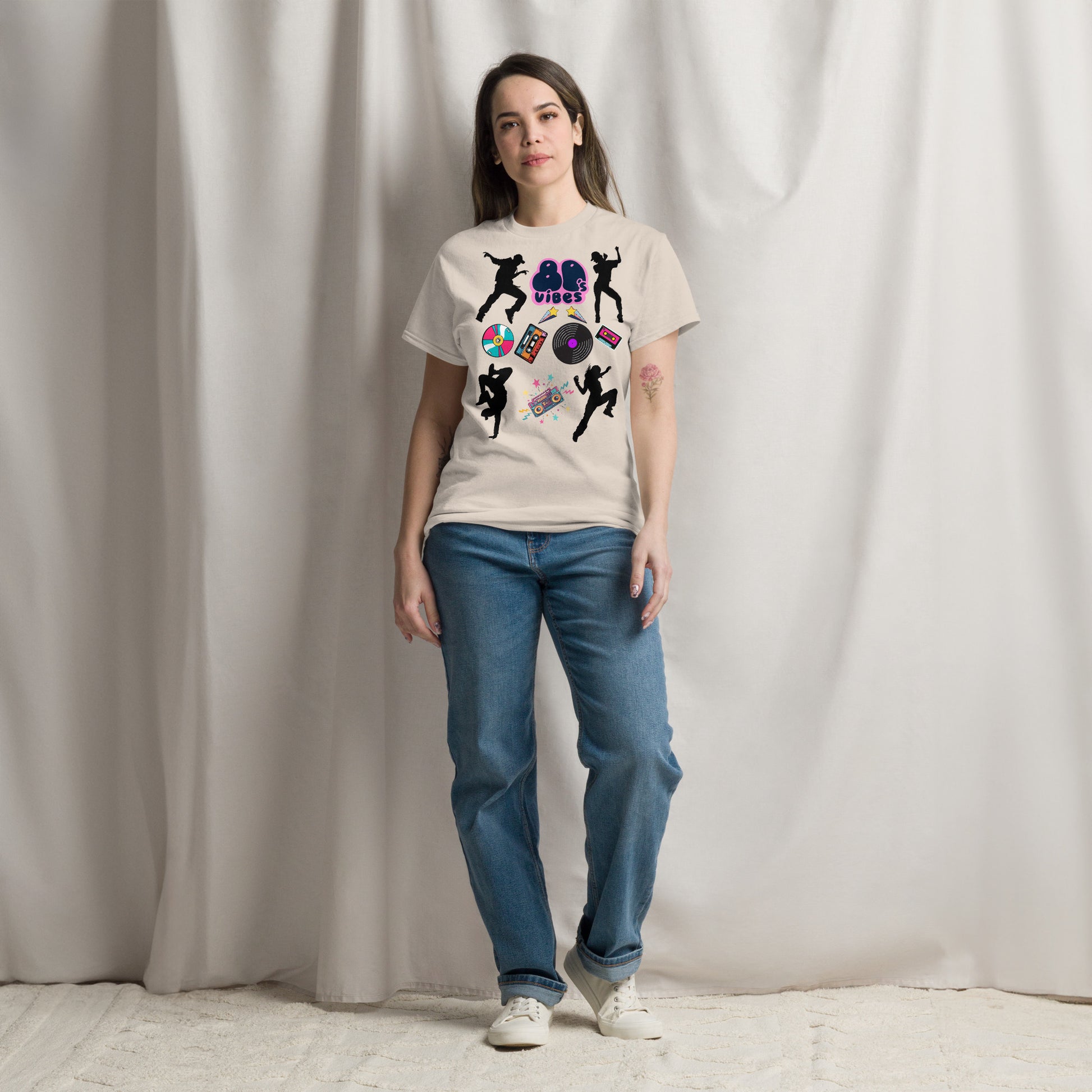 Unisex 80s Vibes graphic t-shirt with retro pop culture design by Hipyfi Clothes & Design natural-front-3