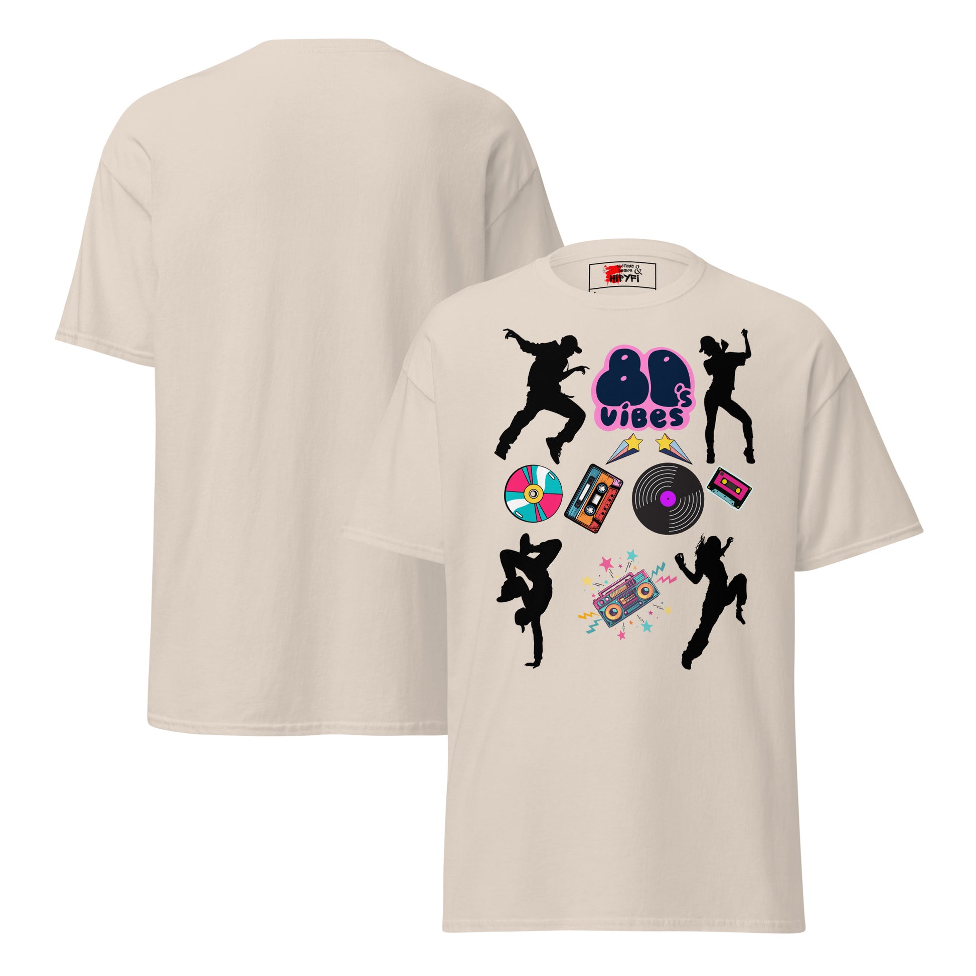 Unisex 80s Vibes graphic t-shirt with retro pop culture design by Hipyfi Clothes & Design natural-front-and-back