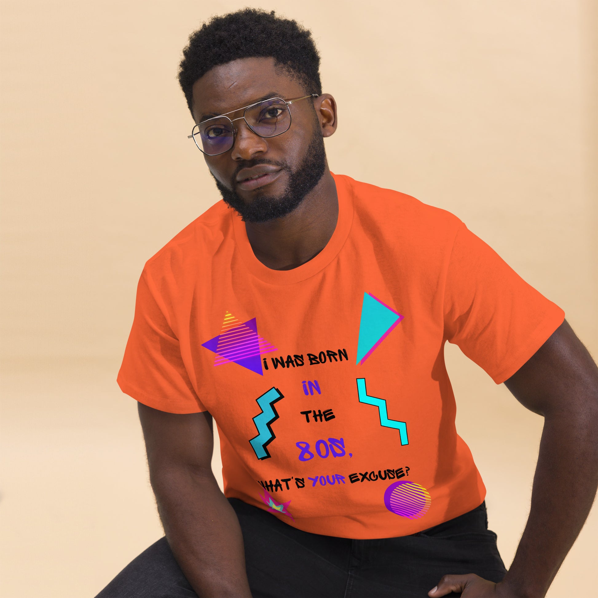 Hipyfi Retro 80s 'Born in the 80s' Unisex Tee – Vintage Graphic T-Shirt with Bold Pop Culture Design. orange-front-2