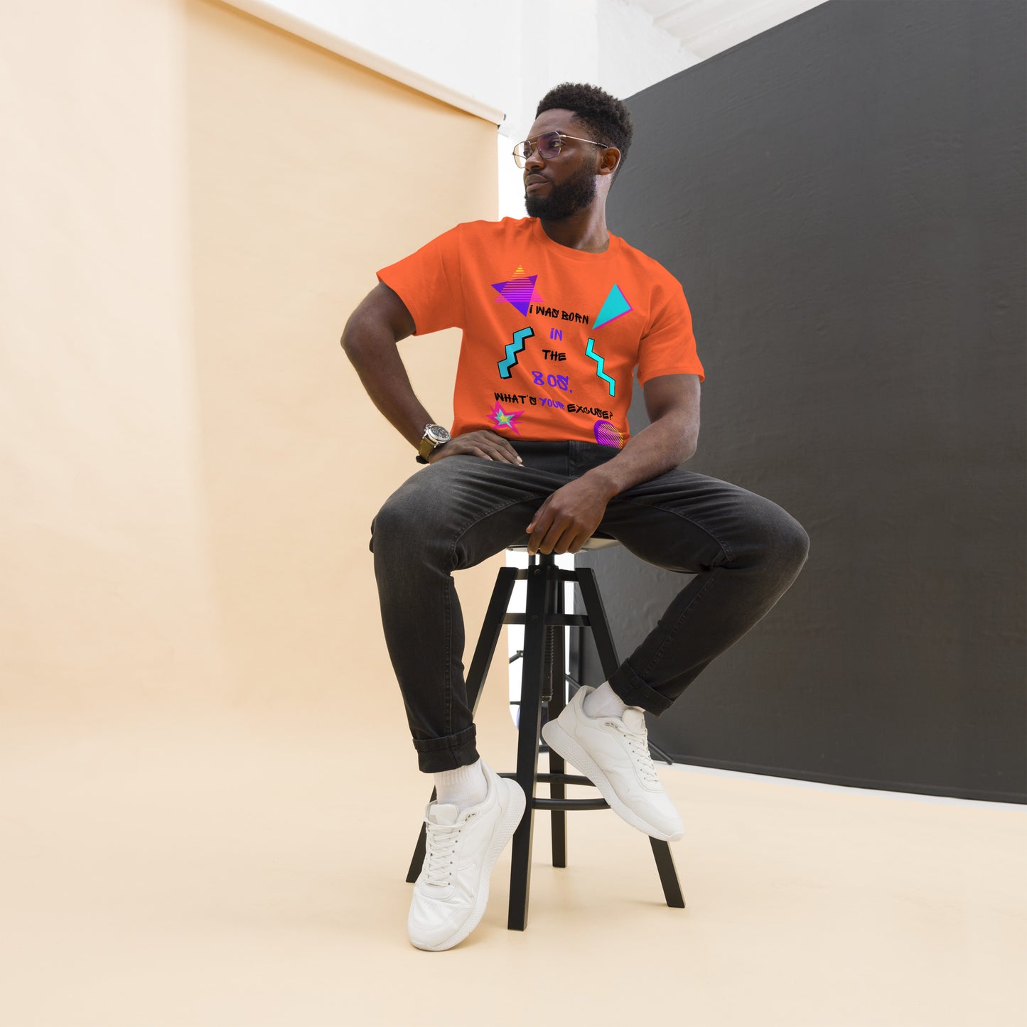Hipyfi Retro 80s 'Born in the 80s' Unisex Tee – Vintage Graphic T-Shirt with Bold Pop Culture Design. orange-front