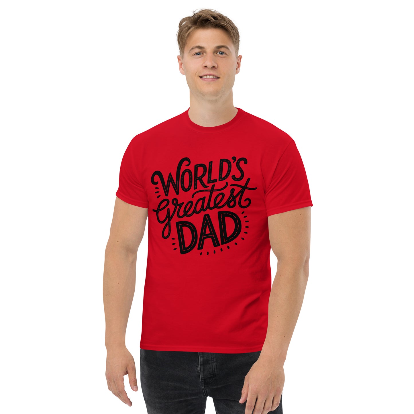 World’s Greatest Dad T-Shirt – Unisex black and white graphic tee with bold typography, perfect Father’s Day gift by Hipyfi Clothes & Design. red-front-3