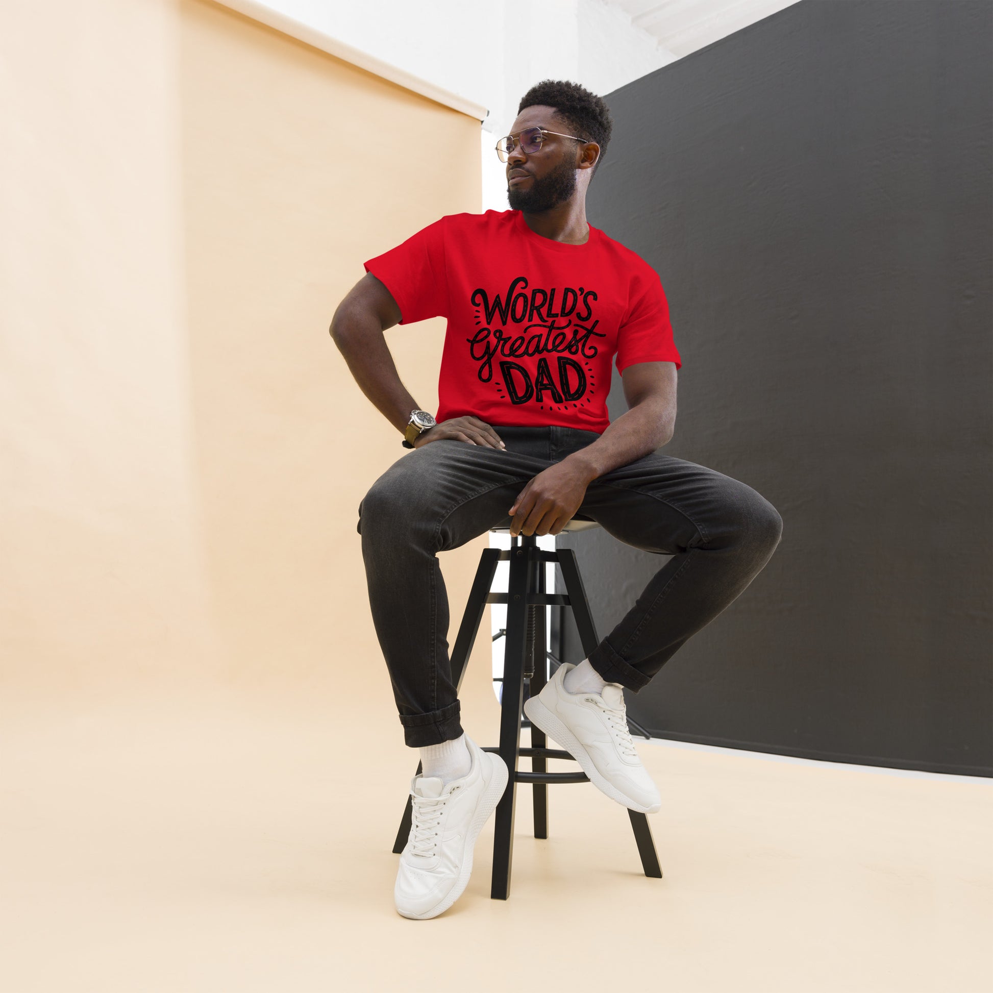 World’s Greatest Dad T-Shirt – Unisex black and white graphic tee with bold typography, perfect Father’s Day gift by Hipyfi Clothes & Design. red-front-2