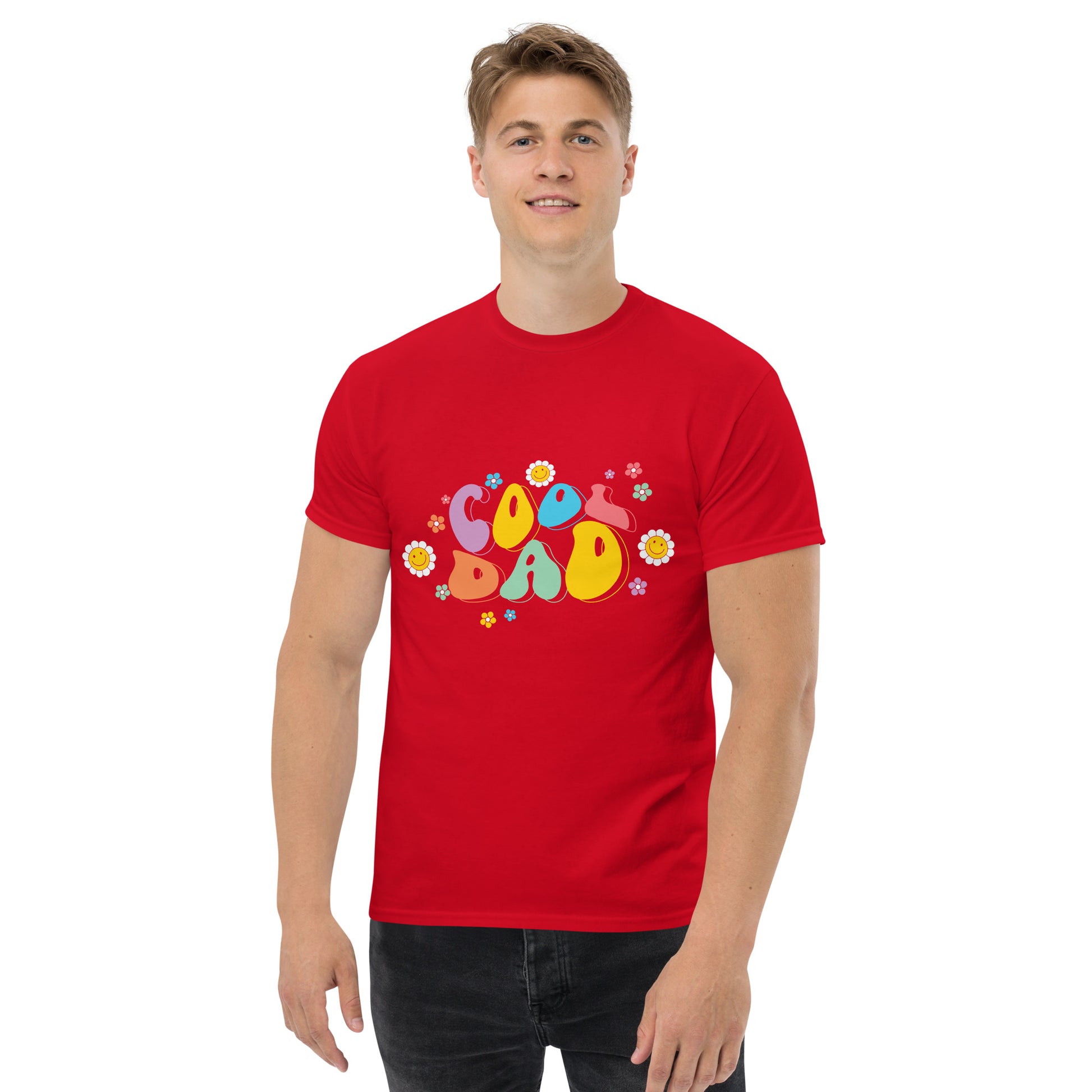 Hipyfi Retro Cool Dad Unisex Graphic Tee – Vintage 70s Style T-Shirt with colorful 'Cool Dad' graphic and floral design. red-front-2
