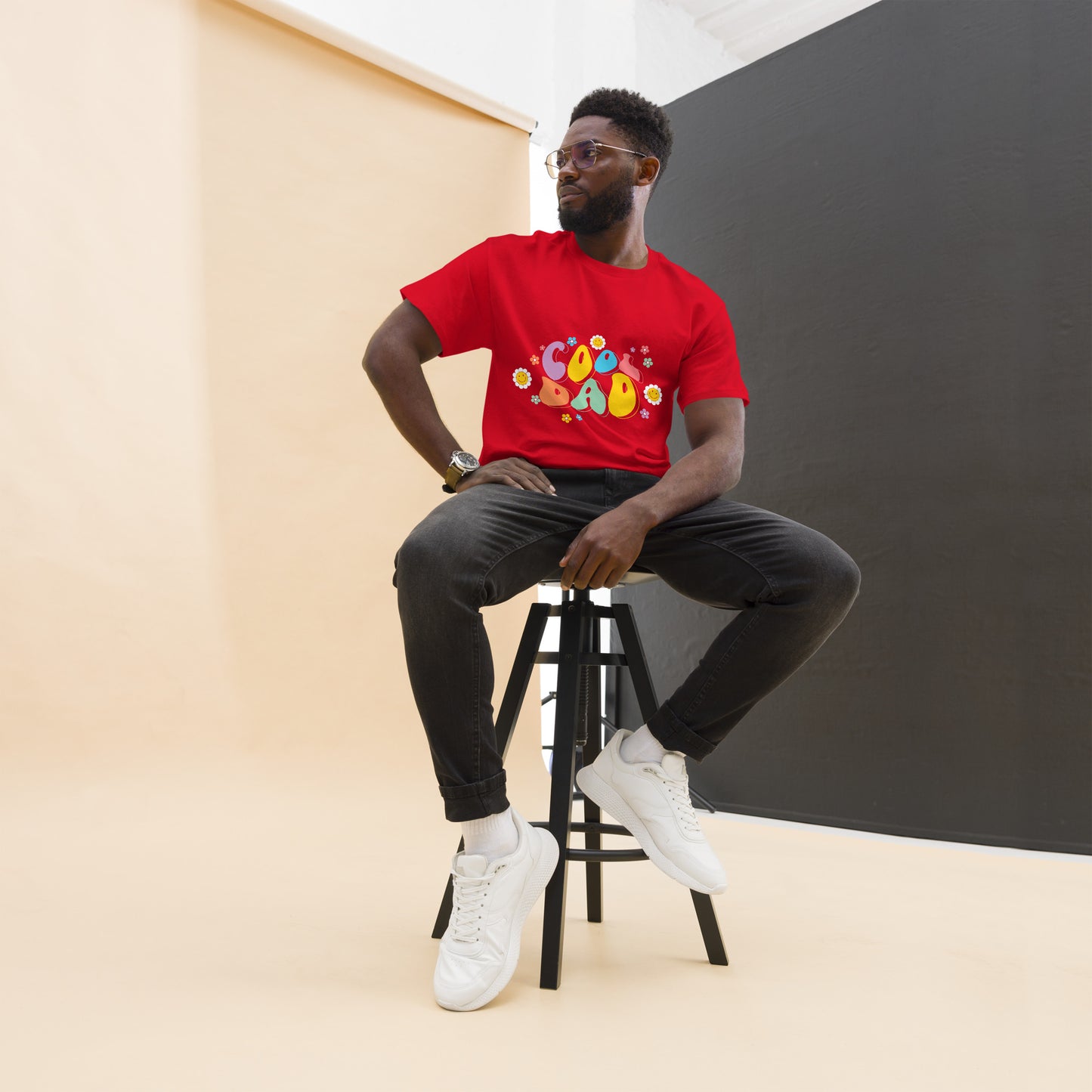 Hipyfi Retro Cool Dad Unisex Graphic Tee – Vintage 70s Style T-Shirt with colorful 'Cool Dad' graphic and floral design. red-front