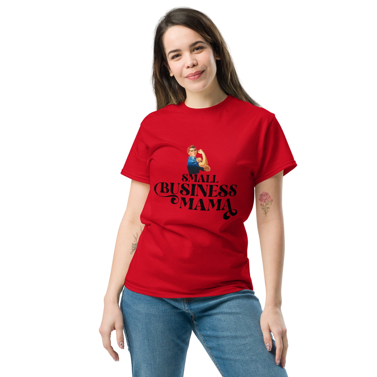 Unisex Small Business Mama Graphic T-Shirt featuring retro Rosie the Riveter design – Empowering shirt for women entrepreneurs by Hipyfi Clothes & Design. red-front-2