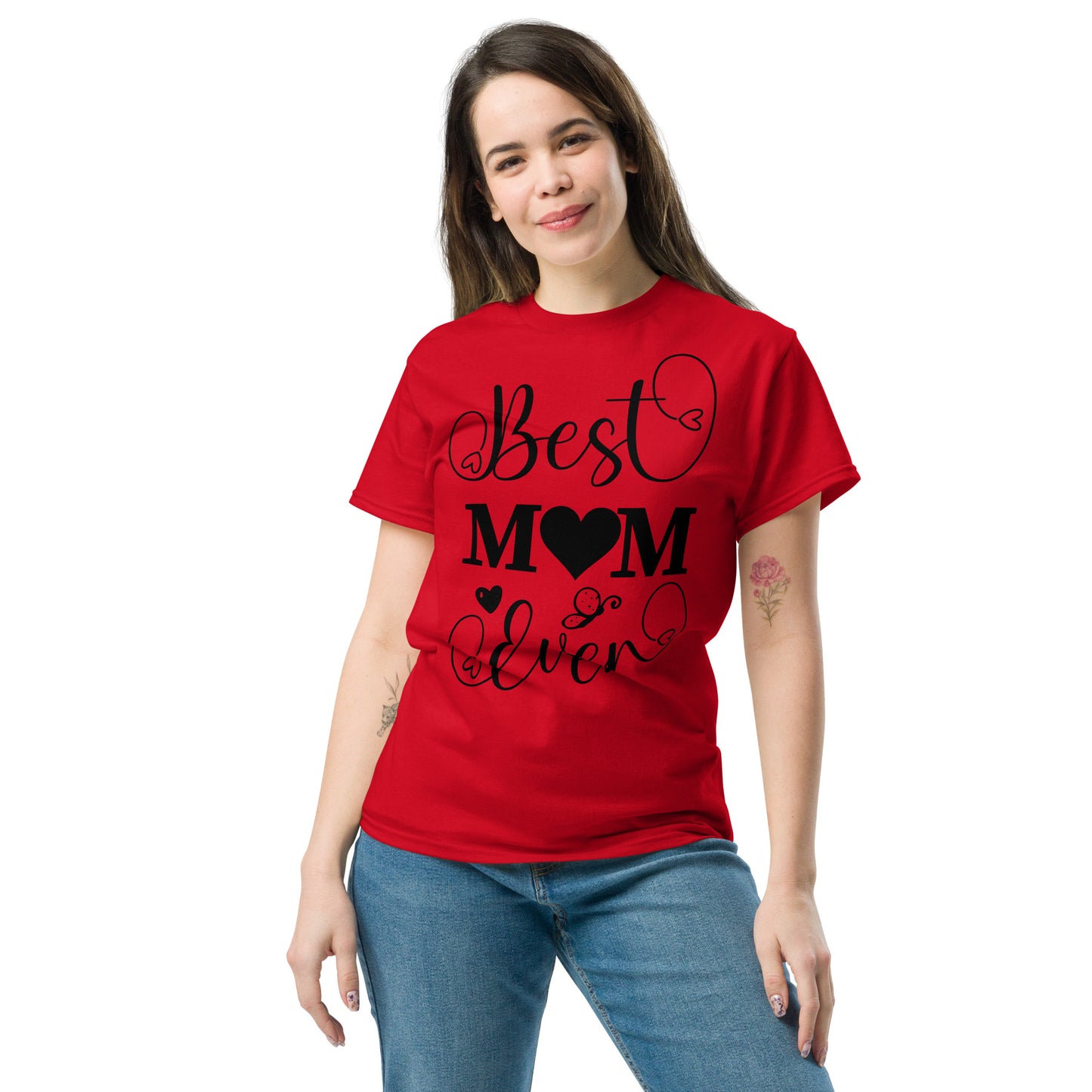 Best Mom Ever unisex graphic t-shirt in classic fit by Hipyfi Clothes & Design – perfect Mother’s Day gift in white with heart and butterfly typography. red-front-2