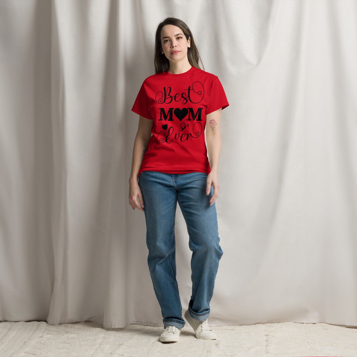 Best Mom Ever unisex graphic t-shirt in classic fit by Hipyfi Clothes & Design – perfect Mother’s Day gift in white with heart and butterfly typography. red-front