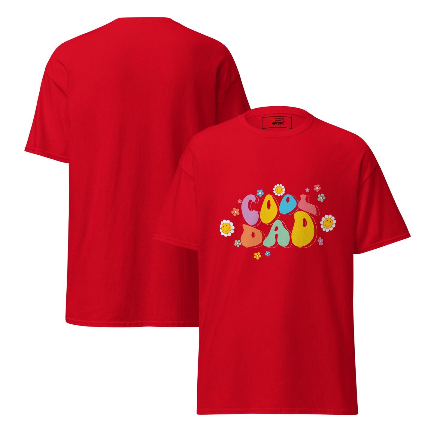 Hipyfi Retro Cool Dad Unisex Graphic Tee – Vintage 70s Style T-Shirt with colorful 'Cool Dad' graphic and floral design. red-front-and-back