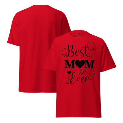 Best Mom Ever unisex graphic t-shirt in classic fit by Hipyfi Clothes & Design – perfect Mother’s Day gift in white with heart and butterfly typography. red-front-and-back