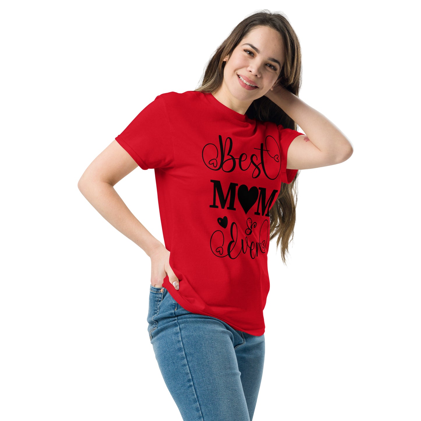 Best Mom Ever unisex graphic t-shirt in classic fit by Hipyfi Clothes & Design – perfect Mother’s Day gift in white with heart and butterfly typography. red-left-front