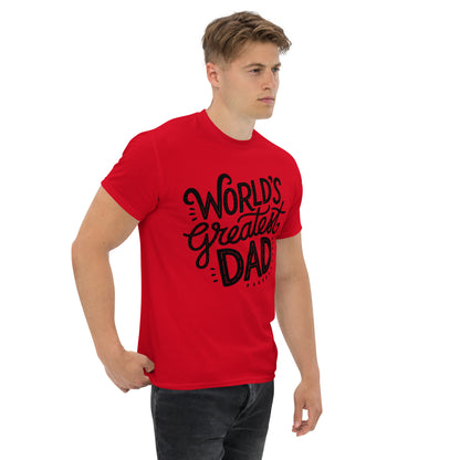 World’s Greatest Dad T-Shirt – Unisex black and white graphic tee with bold typography, perfect Father’s Day gift by Hipyfi Clothes & Design. red-right-front
