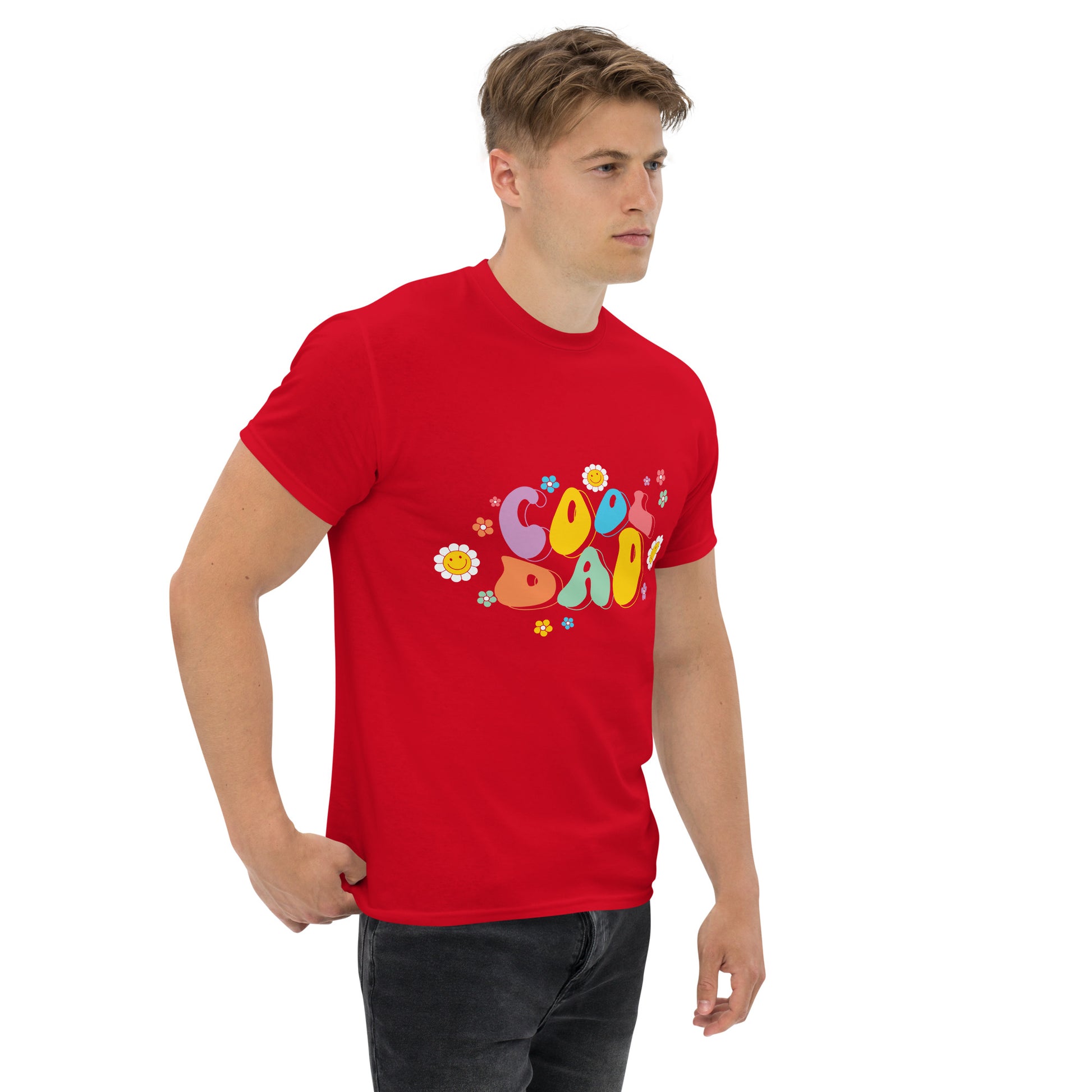 Hipyfi Retro Cool Dad Unisex Graphic Tee – Vintage 70s Style T-Shirt with colorful 'Cool Dad' graphic and floral design. red-right-front