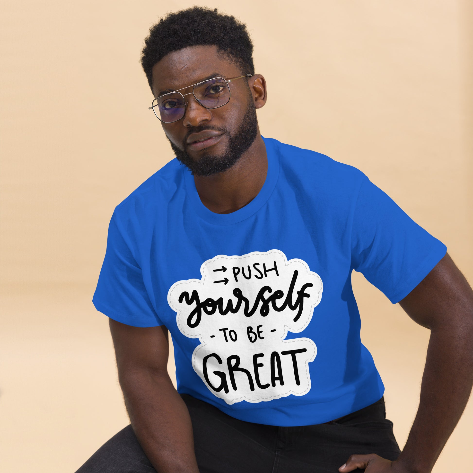 Unisex motivational t-shirt with 'Push Yourself to Be Great' quote – Hipyfi streetwear tee. royal-front-2