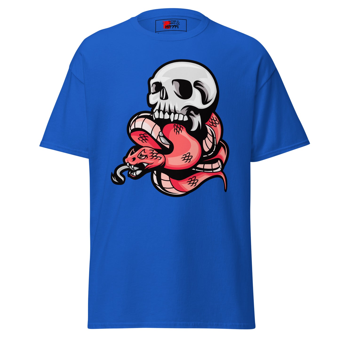 Hipyfi Bold Skull & Snake Unisex T-shirt with tattoo-inspired skull and serpent graphic, perfect for streetwear and punk rock style. royal-front-3