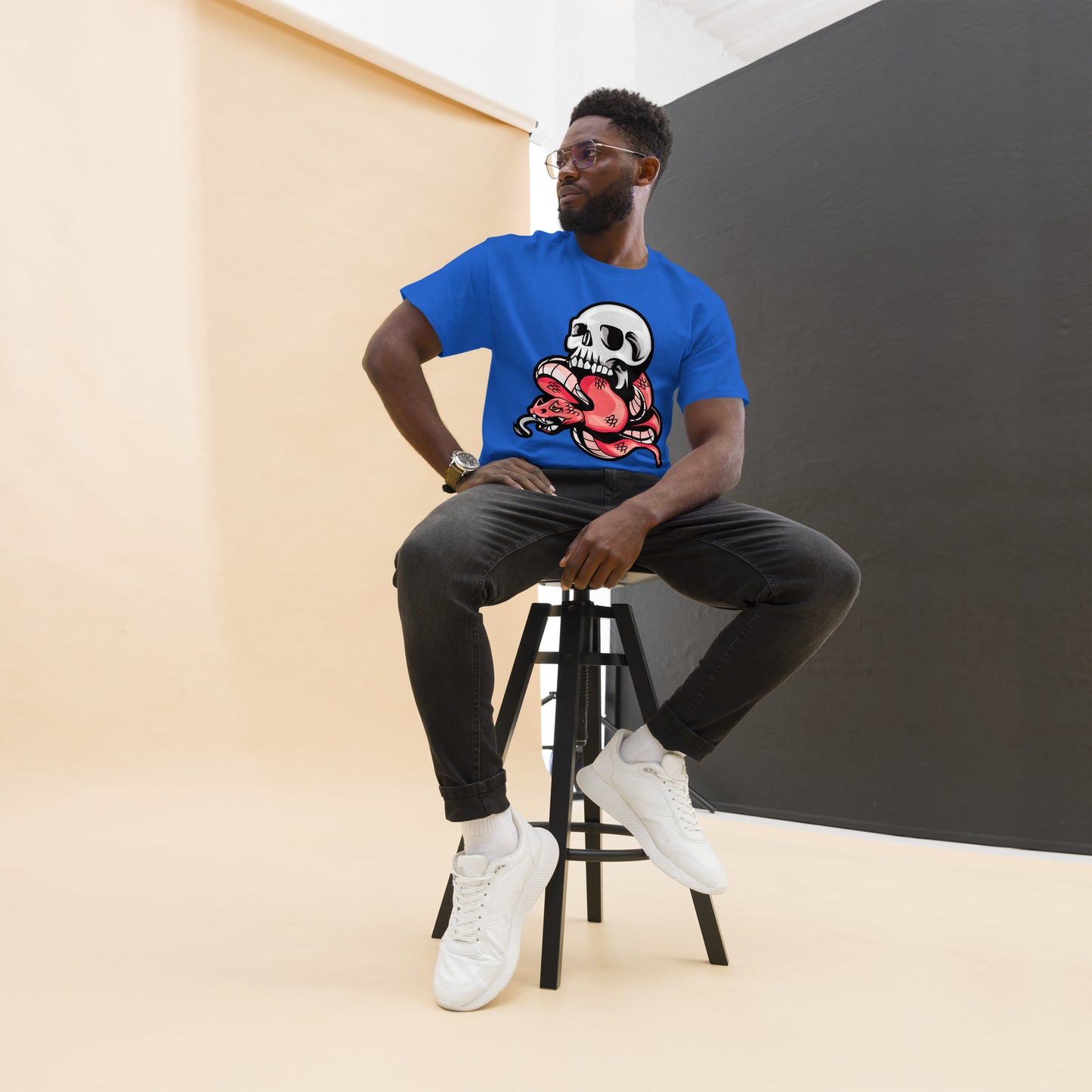 Hipyfi Bold Skull & Snake Unisex T-shirt with tattoo-inspired skull and serpent graphic, perfect for streetwear and punk rock style. royal-front