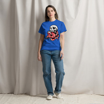 Hipyfi Bold Skull & Snake Unisex T-shirt with tattoo-inspired skull and serpent graphic, perfect for streetwear and punk rock style. royal-front-2