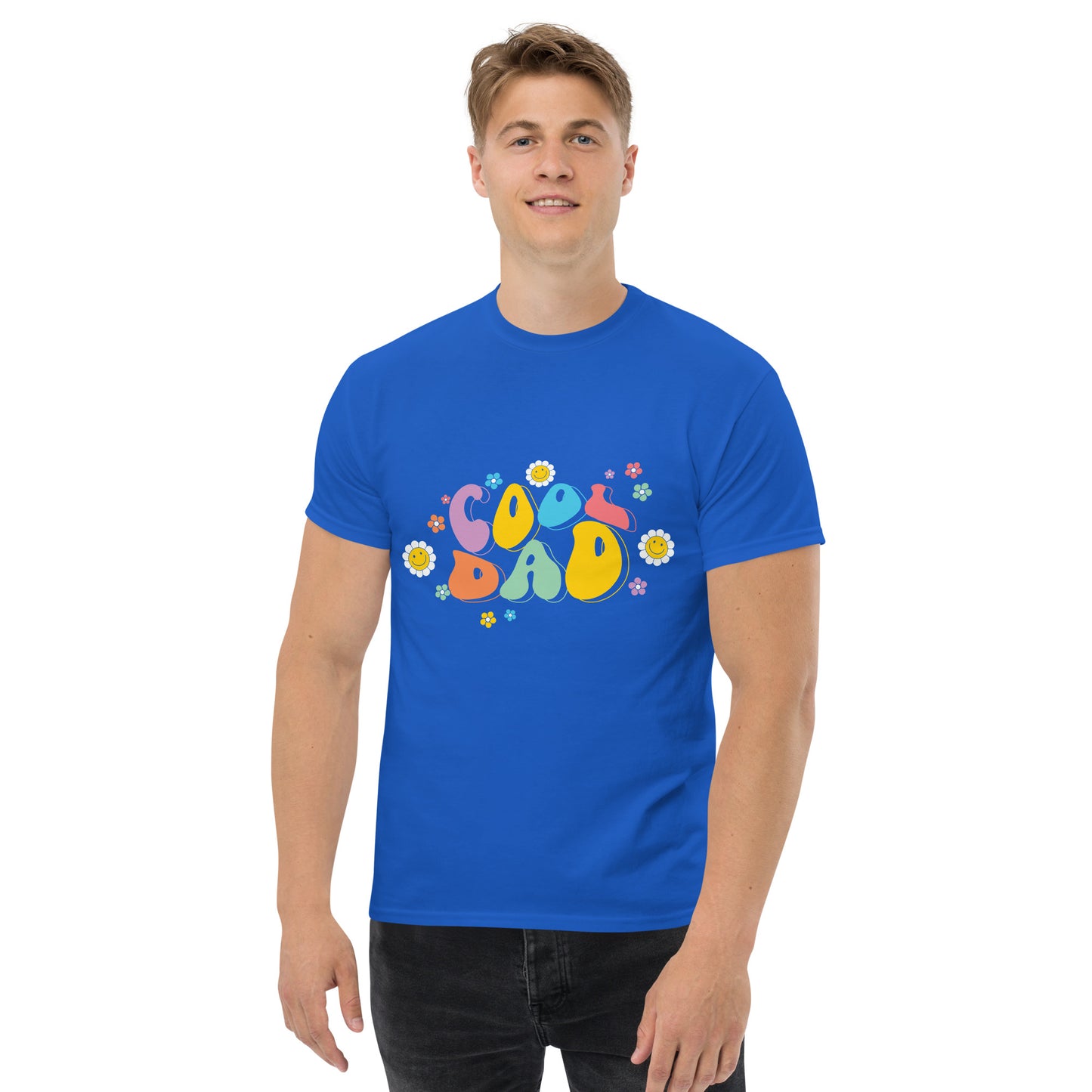 Hipyfi Retro Cool Dad Unisex Graphic Tee – Vintage 70s Style T-Shirt with colorful 'Cool Dad' graphic and floral design. royal-front-2