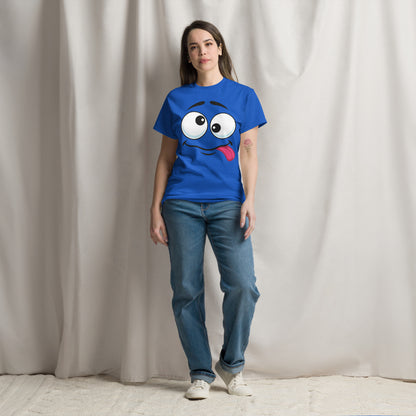 Hipyfi Playful Whimsical Cartoon Face Unisex T-Shirt – Fun Graphic Tee for Streetwear. royal-front-3