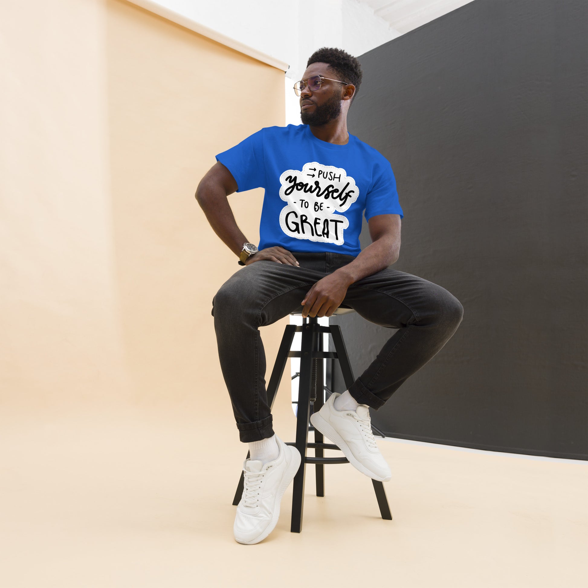 Unisex motivational t-shirt with 'Push Yourself to Be Great' quote – Hipyfi streetwear tee. royal-front