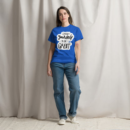 Unisex motivational t-shirt with 'Push Yourself to Be Great' quote – Hipyfi streetwear tee. royal-front-3