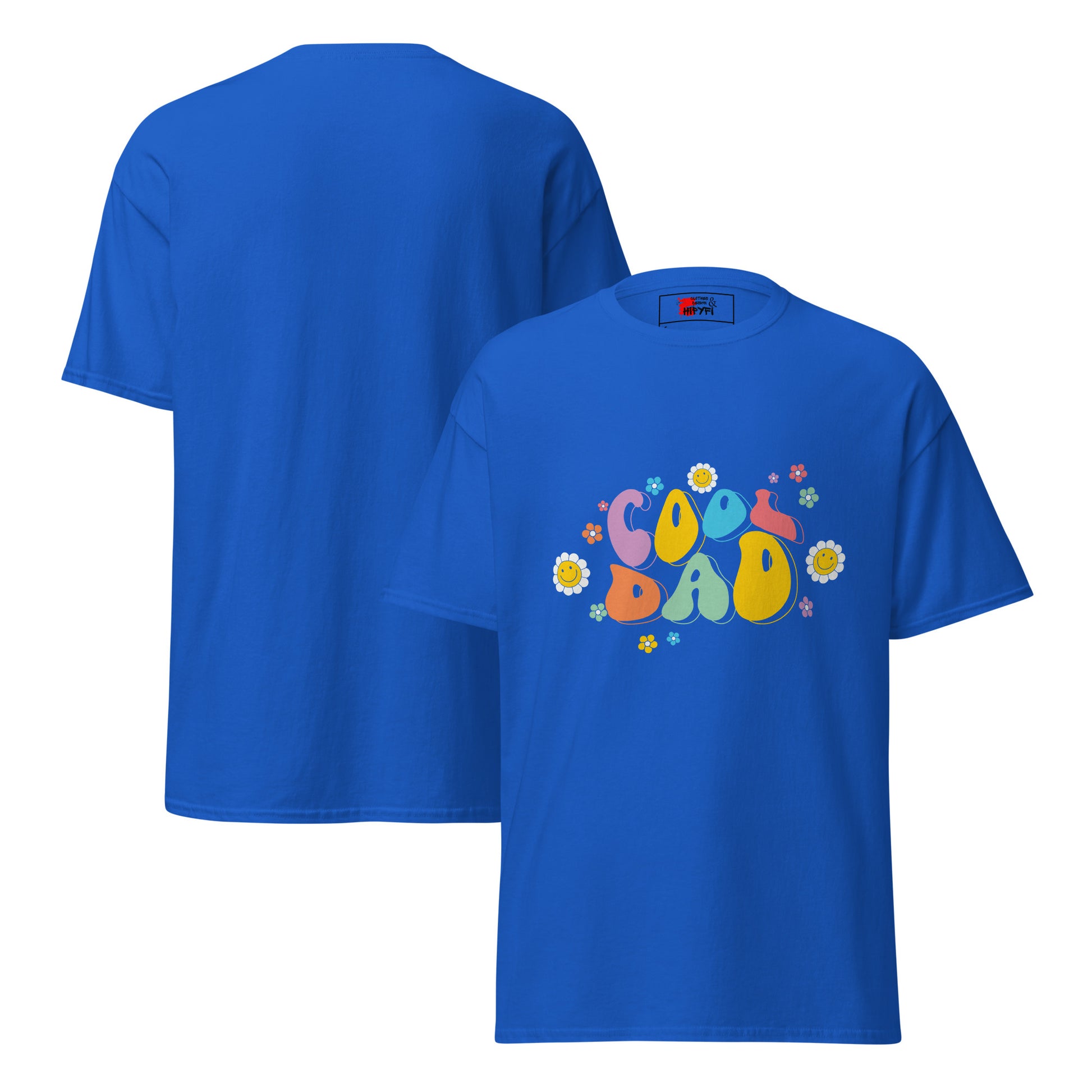 Hipyfi Retro Cool Dad Unisex Graphic Tee – Vintage 70s Style T-Shirt with colorful 'Cool Dad' graphic and floral design. royal-front-and-back