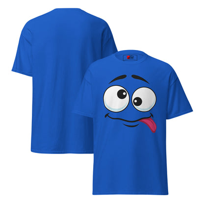 Hipyfi Playful Whimsical Cartoon Face Unisex T-Shirt – Fun Graphic Tee for Streetwear. royal-front-and-back