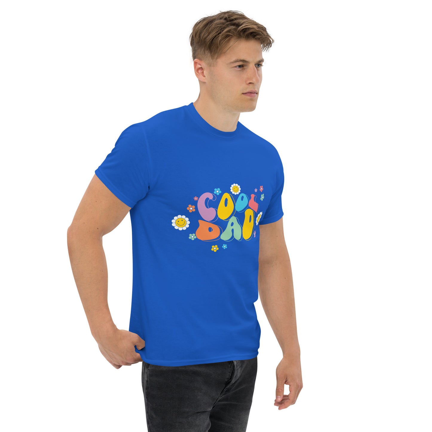 Hipyfi Retro Cool Dad Unisex Graphic Tee – Vintage 70s Style T-Shirt with colorful 'Cool Dad' graphic and floral design. royal-right-front