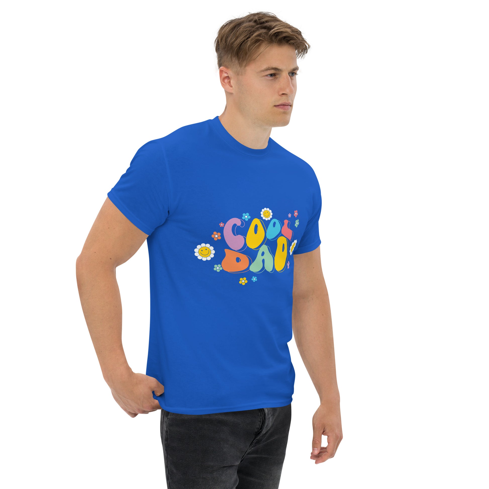 Hipyfi Retro Cool Dad Unisex Graphic Tee – Vintage 70s Style T-Shirt with colorful 'Cool Dad' graphic and floral design. royal-right-front