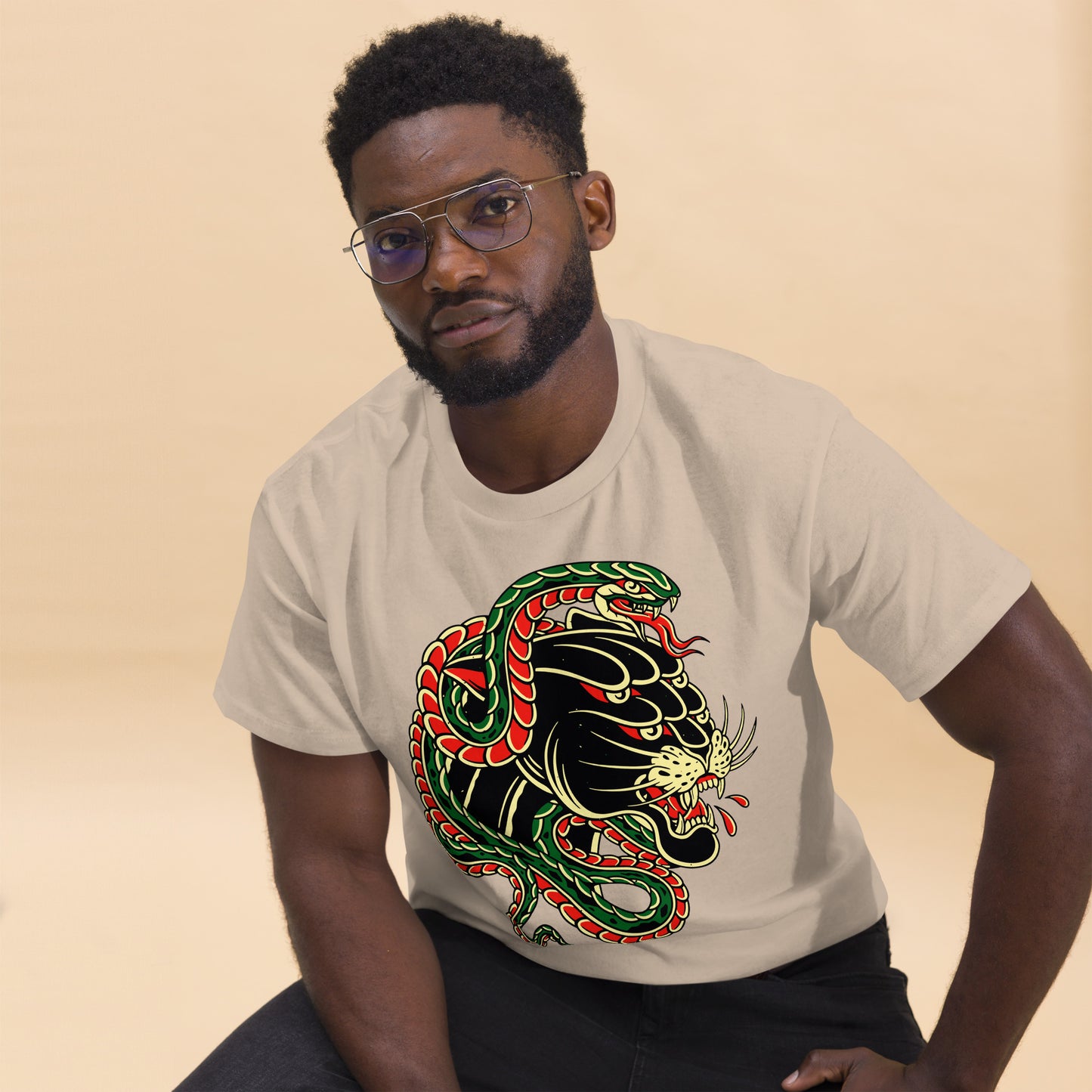 Hipyfi Panther & Snake Graphic Unisex T-Shirt - Bold design on classic fit streetwear tee. sand-front
