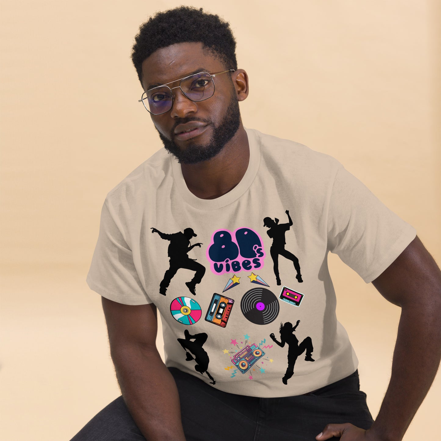 Unisex 80s Vibes graphic t-shirt with retro pop culture design by Hipyfi Clothes & Design sand-front-2