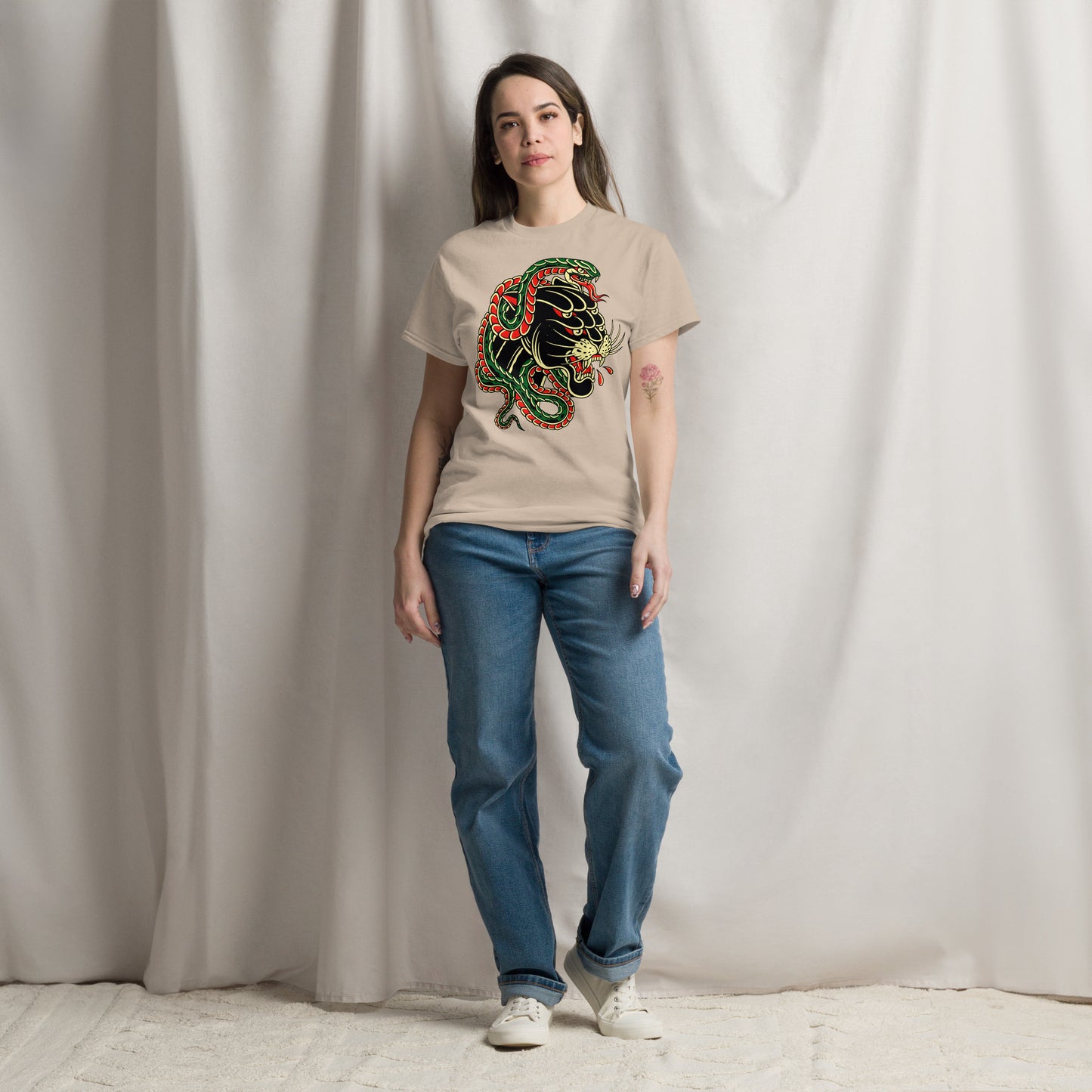 Hipyfi Panther & Snake Graphic Unisex T-Shirt - Bold design on classic fit streetwear tee. sand-front-2
