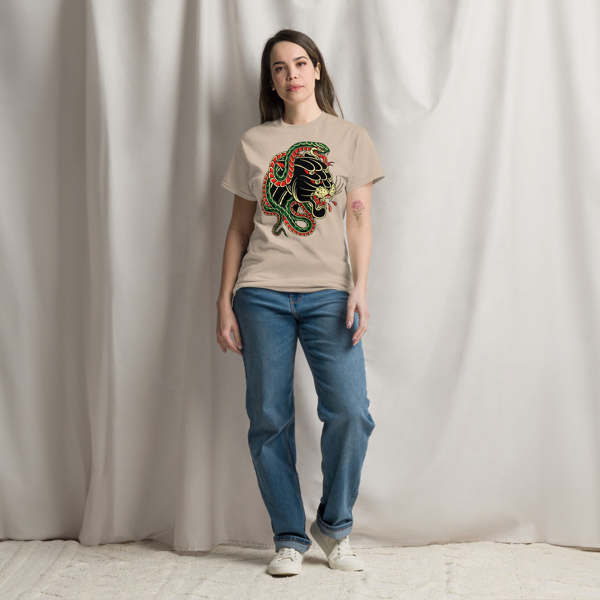 Hipyfi Panther & Snake Graphic Unisex T-Shirt - Bold design on classic fit streetwear tee. sand-front-2