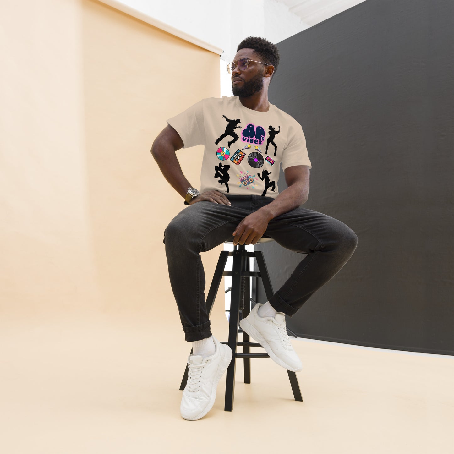 Unisex 80s Vibes graphic t-shirt with retro pop culture design by Hipyfi Clothes & Design sand-front