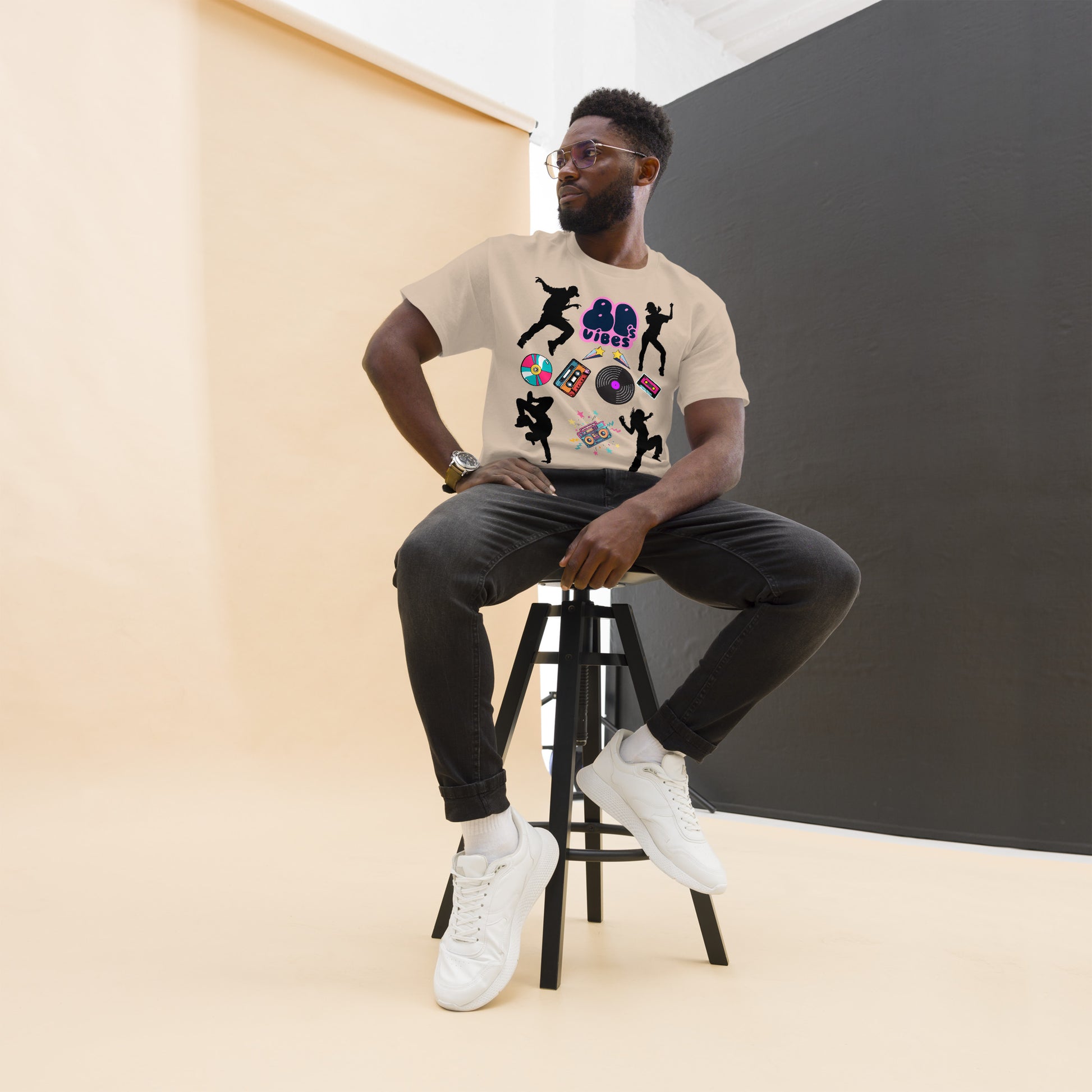 Unisex 80s Vibes graphic t-shirt with retro pop culture design by Hipyfi Clothes & Design sand-front