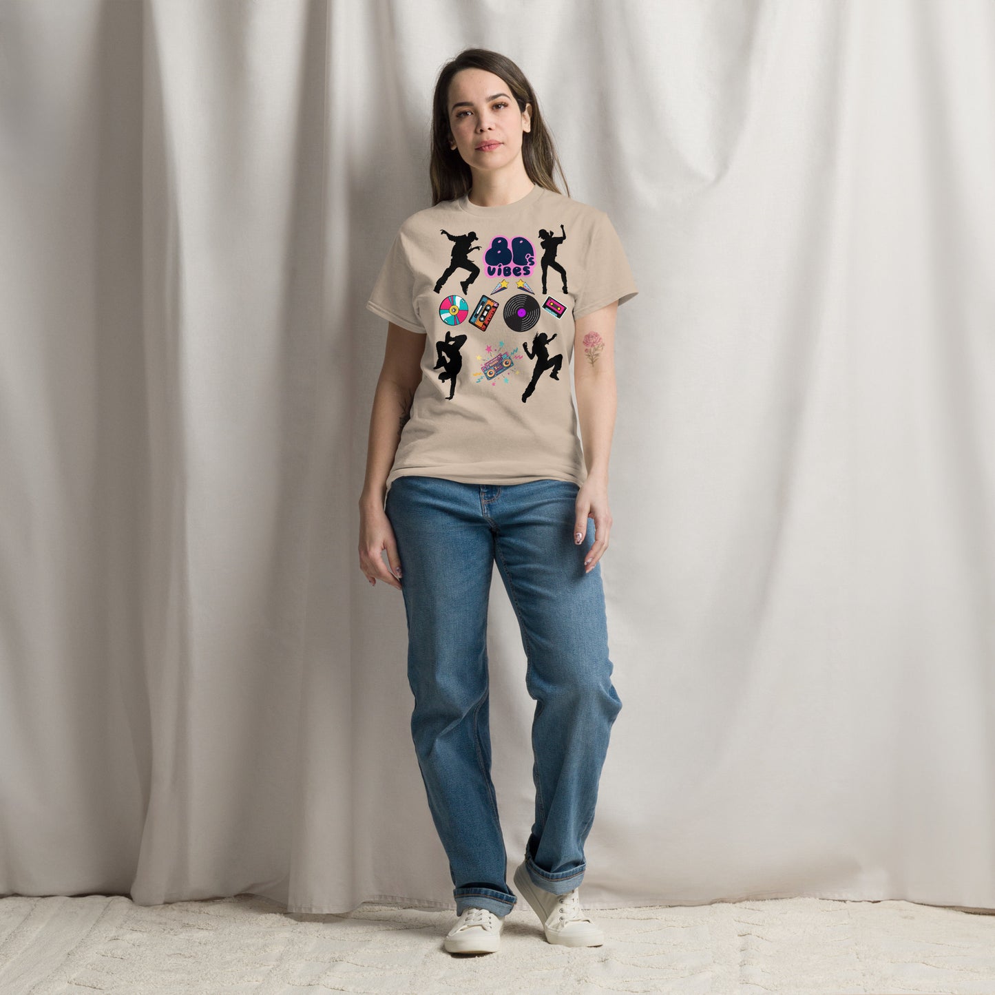 Unisex 80s Vibes graphic t-shirt with retro pop culture design by Hipyfi Clothes & Design sand-front-3