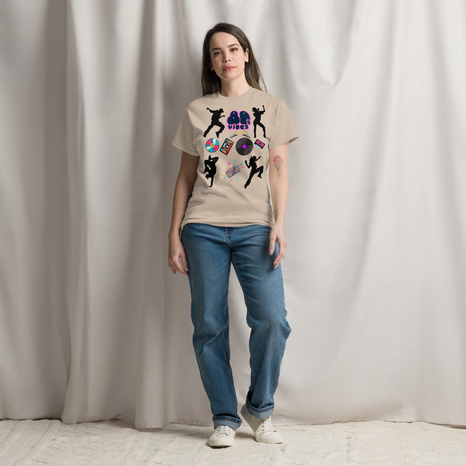 Unisex 80s Vibes graphic t-shirt with retro pop culture design by Hipyfi Clothes & Design sand-front-3