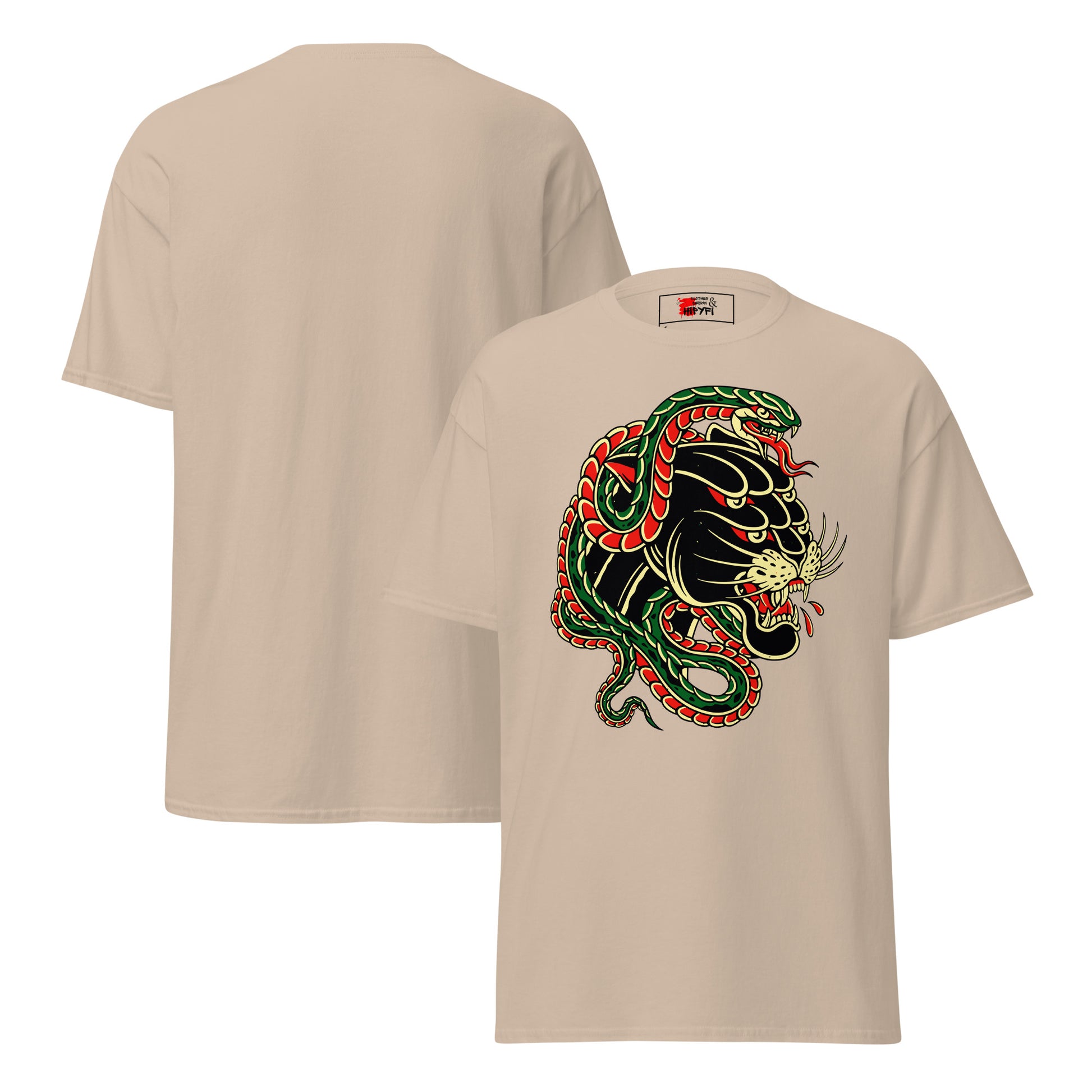 Hipyfi Panther & Snake Graphic Unisex T-Shirt - Bold design on classic fit streetwear tee. sand-front-3