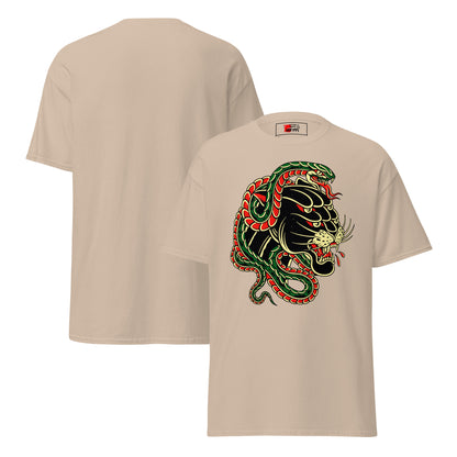 Hipyfi Panther & Snake Graphic Unisex T-Shirt - Bold design on classic fit streetwear tee. sand-front-3